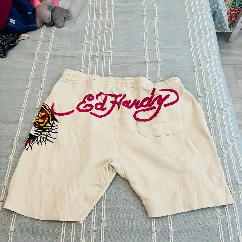 Ed Hardy Retro Tiger Fleece Sweat Shorts Off-White Cream Mens Size XL